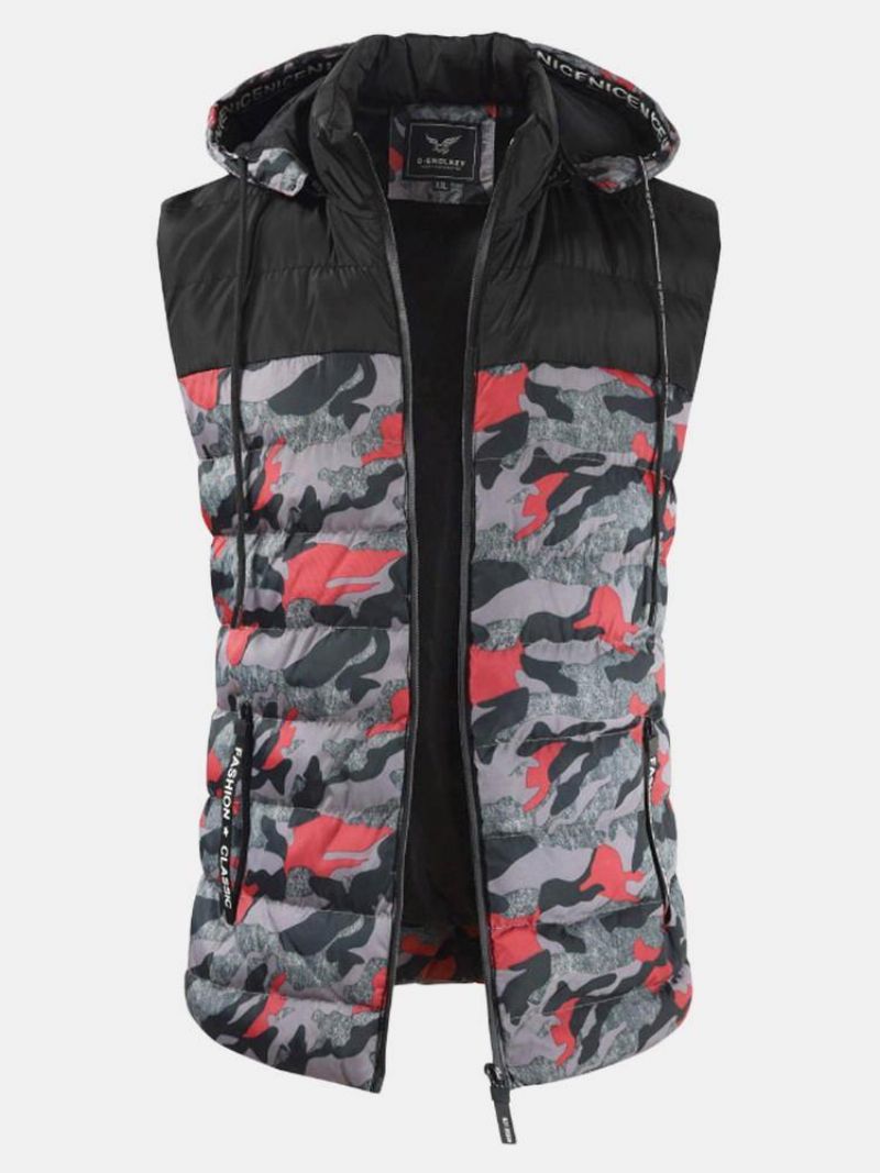 Herre Camo Patchwork Aftagelig Hætte Tyk Varm Polstret Vest