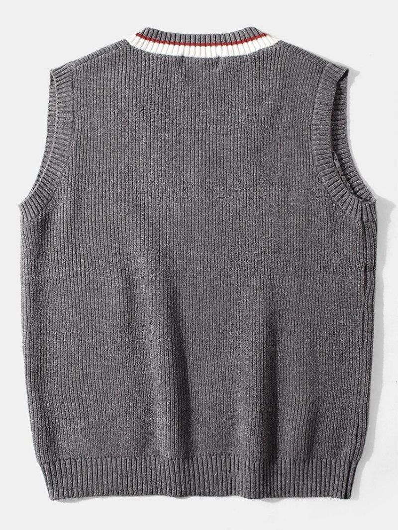 Mænds College Style Kontrast V-Hals Strikket Pullover Gilet Casual Vest