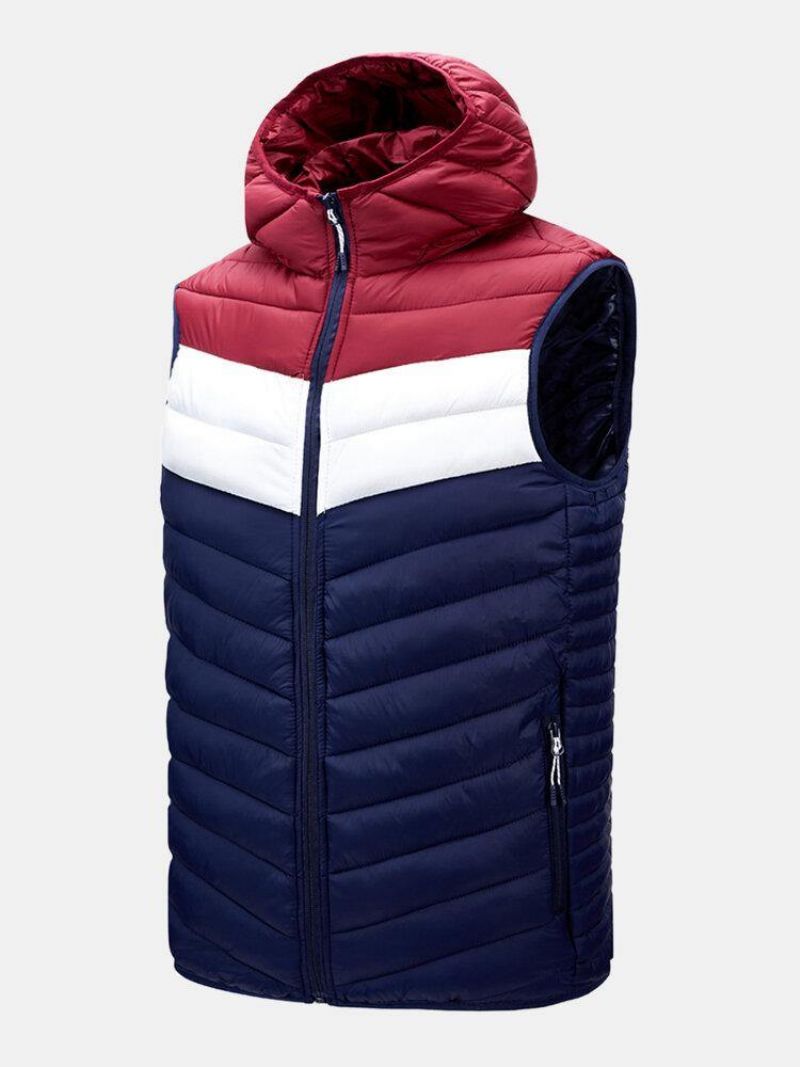 Mænds Patchwork Ærmeløs Varm Lynlås Hætte Polstret Gilet Vest