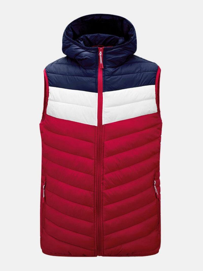 Mænds Patchwork Ærmeløs Varm Lynlås Hætte Polstret Gilet Vest