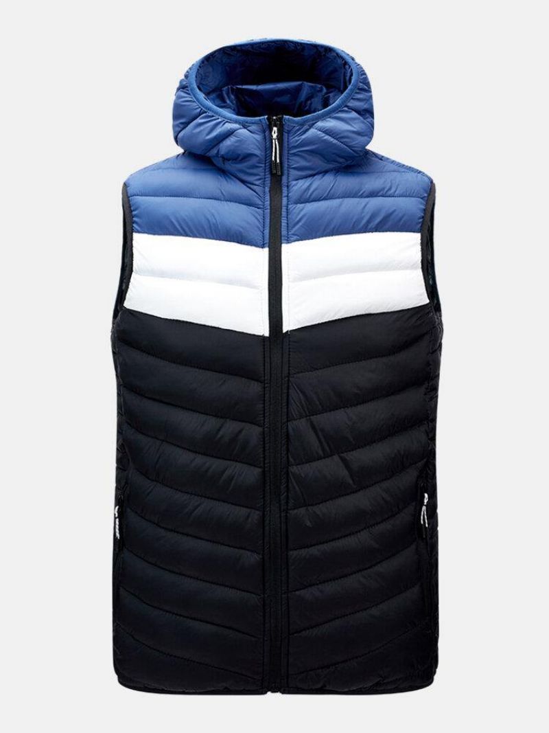 Mænds Patchwork Ærmeløs Varm Lynlås Hætte Polstret Gilet Vest