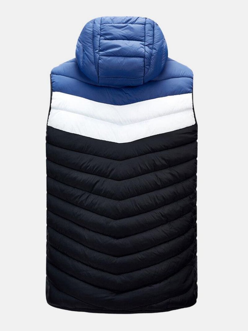 Mænds Patchwork Ærmeløs Varm Lynlås Hætte Polstret Gilet Vest