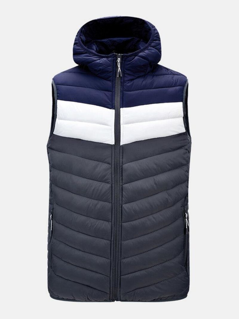 Mænds Patchwork Ærmeløs Varm Lynlås Hætte Polstret Gilet Vest