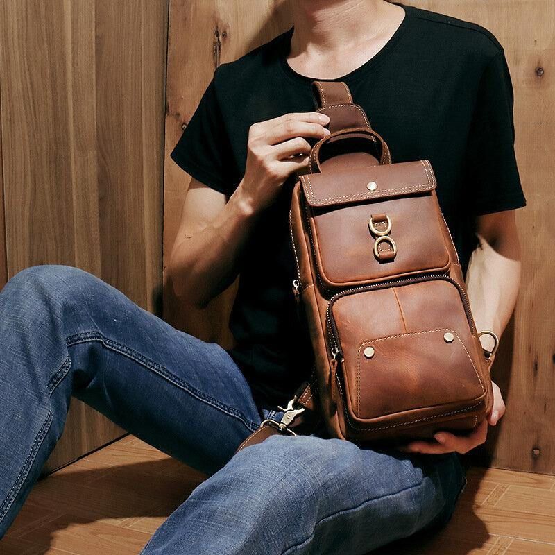 Ægte Læder Kohud Til Mænd Retro Mode Brysttaske Crossbody Bag Sling Bag