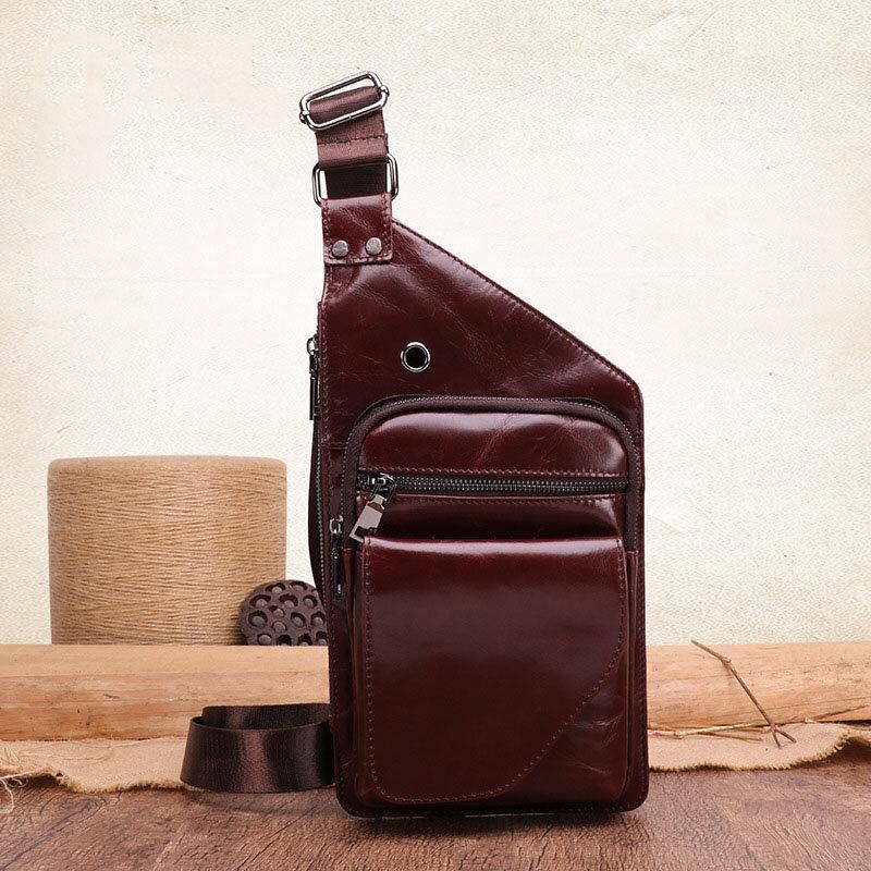 Ægte Læder Til Mænd Retro Business Læder Brysttaske Crossbody Taske Med Hul Til Øretelefoner