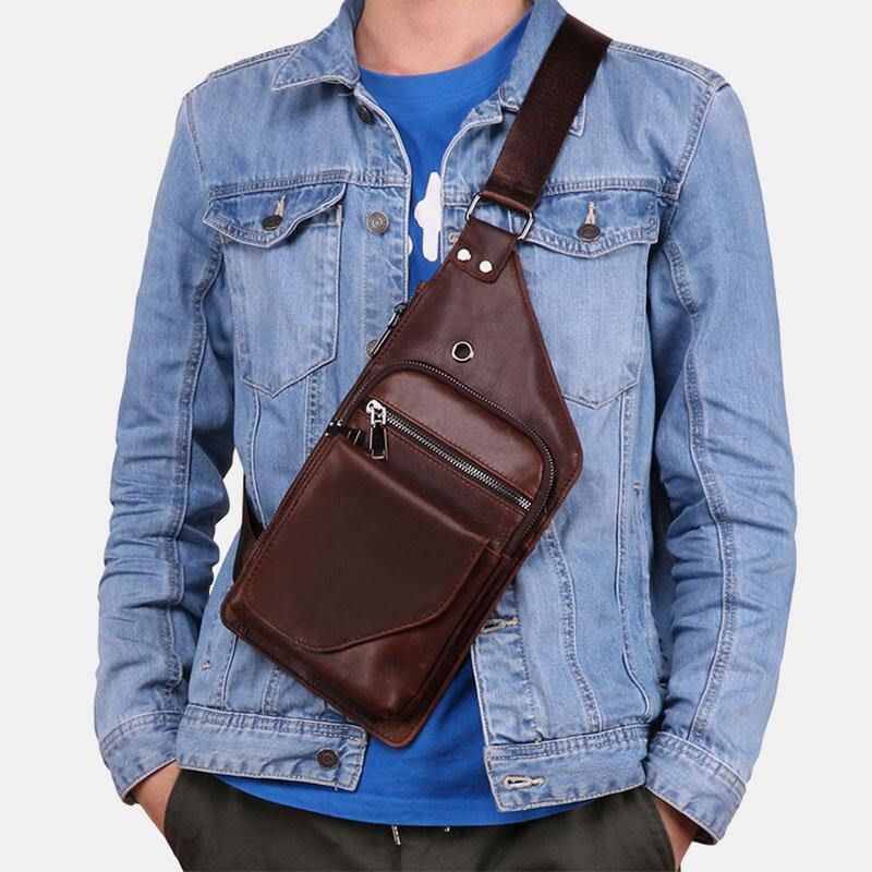 Ægte Læder Til Mænd Retro Business Læder Brysttaske Crossbody Taske Med Hul Til Øretelefoner