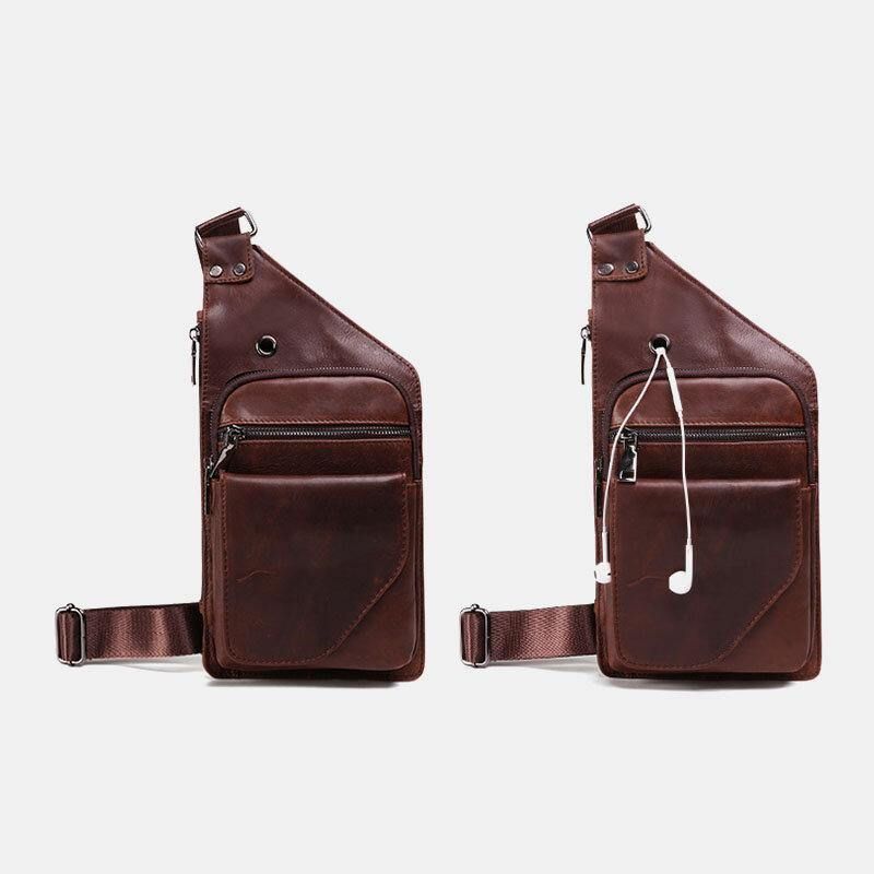 Ægte Læder Til Mænd Retro Business Læder Brysttaske Crossbody Taske Med Hul Til Øretelefoner