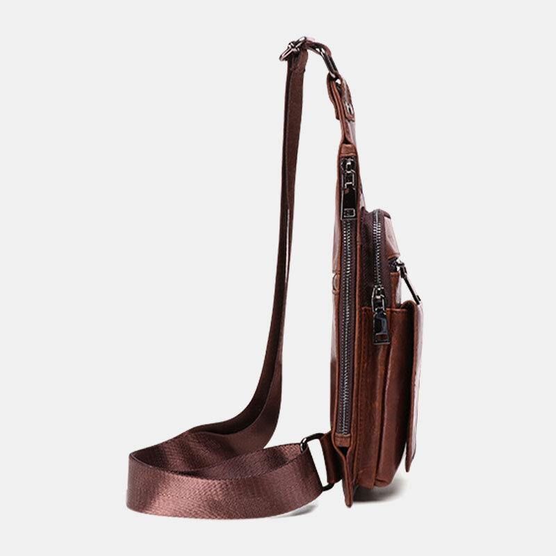 Ægte Læder Til Mænd Retro Business Læder Brysttaske Crossbody Taske Med Hul Til Øretelefoner