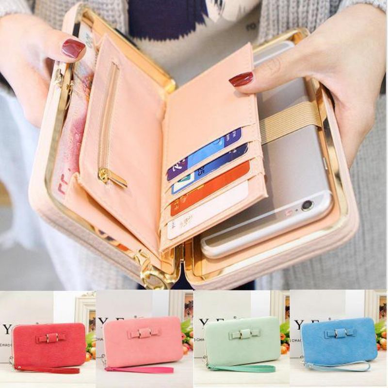 Kvinder Candy Color Bowkot 5.5 Tommer Telefon Tegnebøger Sag Hasp Lang Pung Clutches