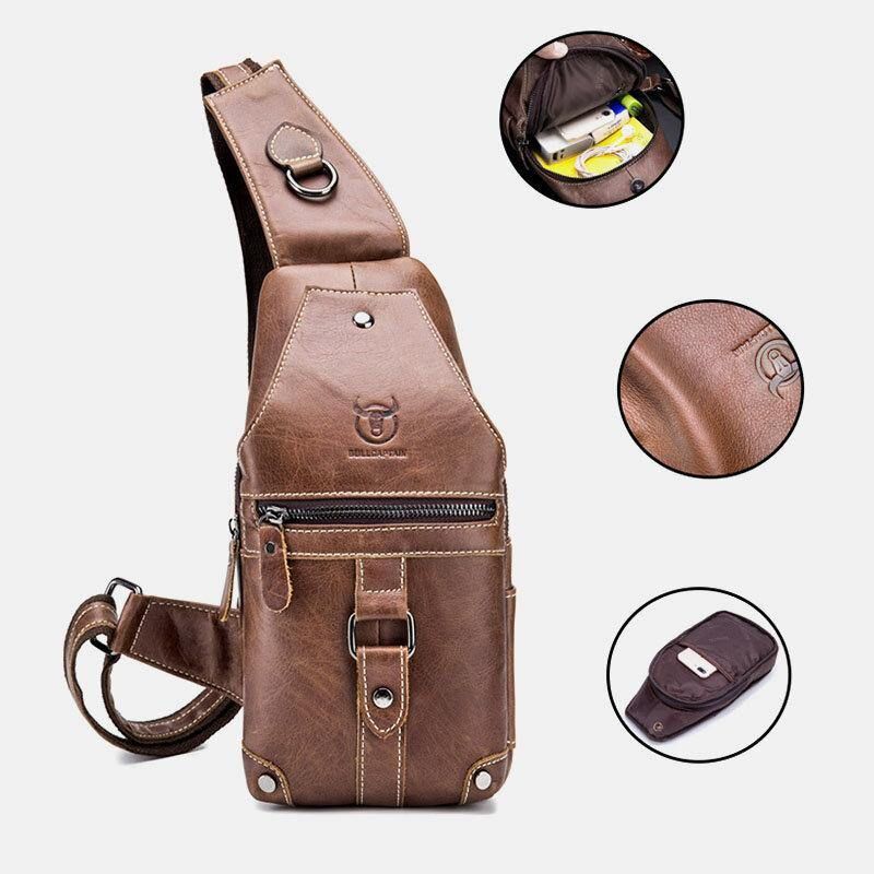 Mænd Ægte Læder Multi-Lomme Anti-Tyveri Slidbestandig Vintage Afslappet Crossbody Taske Brysttaske