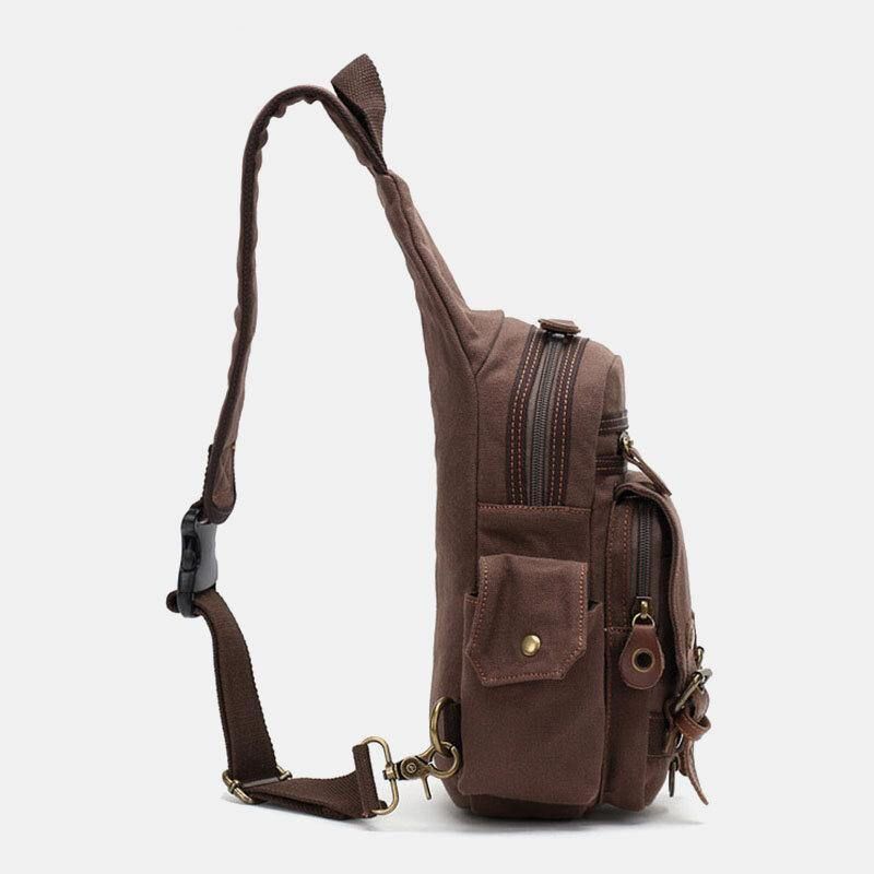 Mænd Ægte Læder Og Lærred Rejse Udendørs Bæretaske Personlig Crossbody Taske Brysttaske