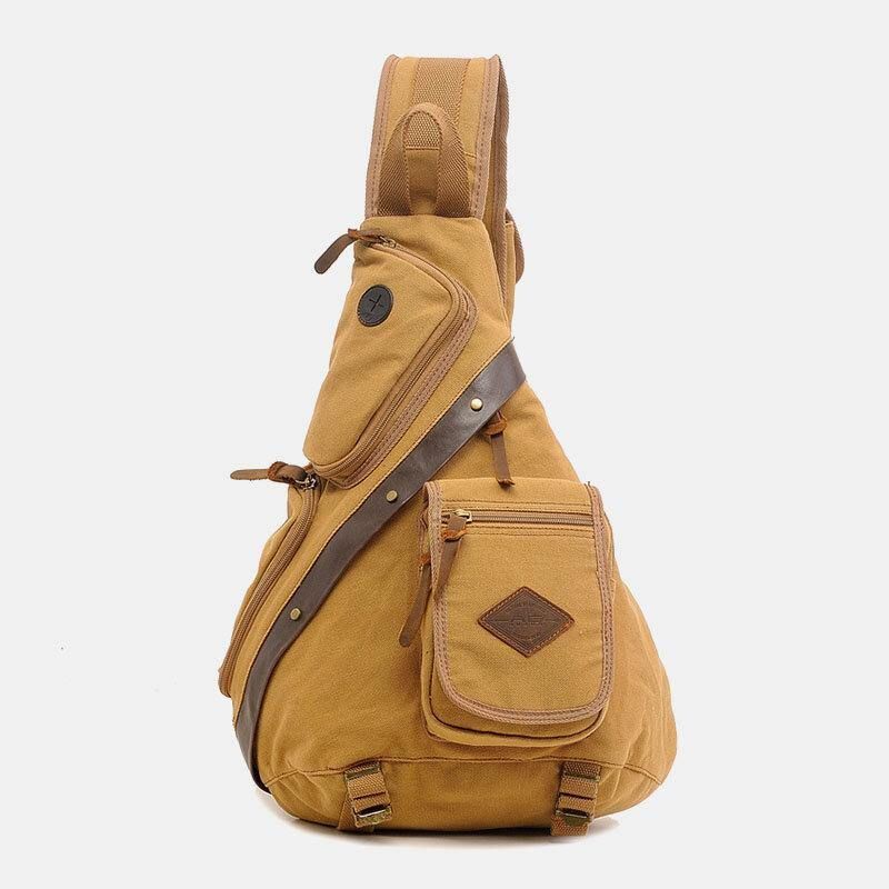 Mænd Ægte Læder Og Lærredsrejser Udendørs Bæretaske Multi-Pocket Crossbody Taske Brysttaske