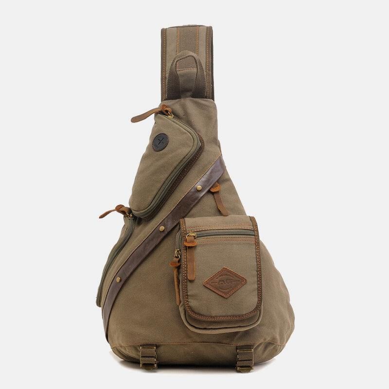 Mænd Ægte Læder Og Lærredsrejser Udendørs Bæretaske Multi-Pocket Crossbody Taske Brysttaske