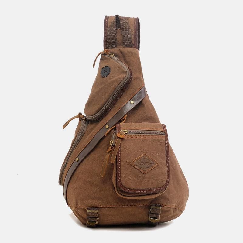 Mænd Ægte Læder Og Lærredsrejser Udendørs Bæretaske Multi-Pocket Crossbody Taske Brysttaske