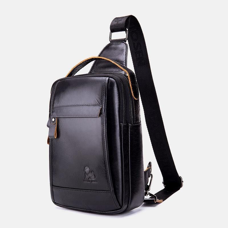 Mænd Ægte Læder Retro Business Casual Ensfarvet Læder Skuldertaske Crossbody Taske Brysttaske