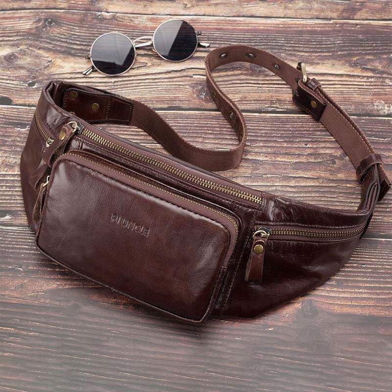 Mænd Ægte Læder Retro Sport Outdoor Multi-Bære Brysttaske Sling Bag Crossbody Taske Taljetaske