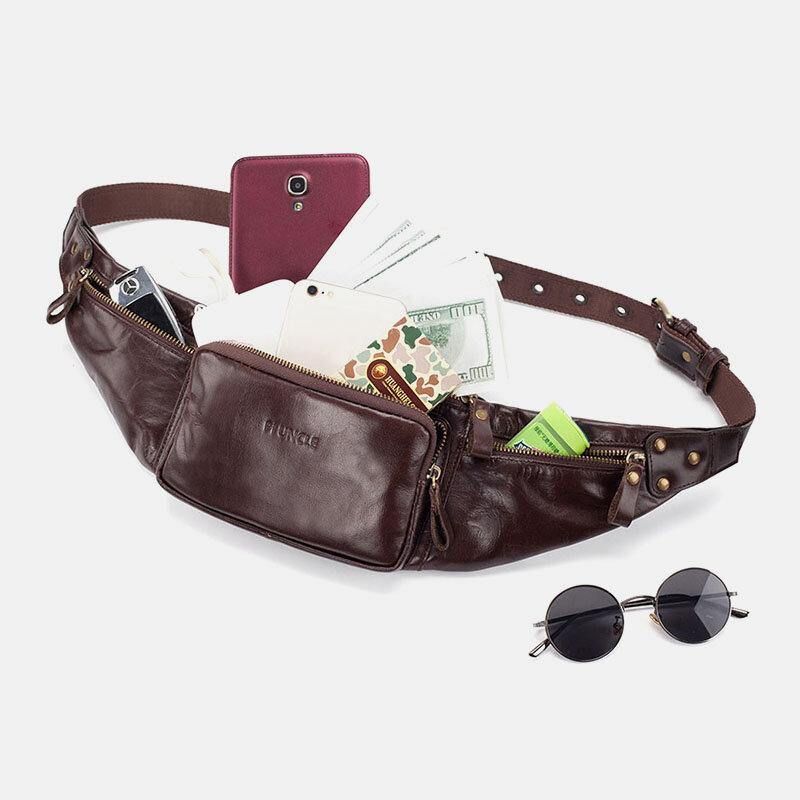 Mænd Ægte Læder Retro Sport Outdoor Multi-Bære Brysttaske Sling Bag Crossbody Taske Taljetaske