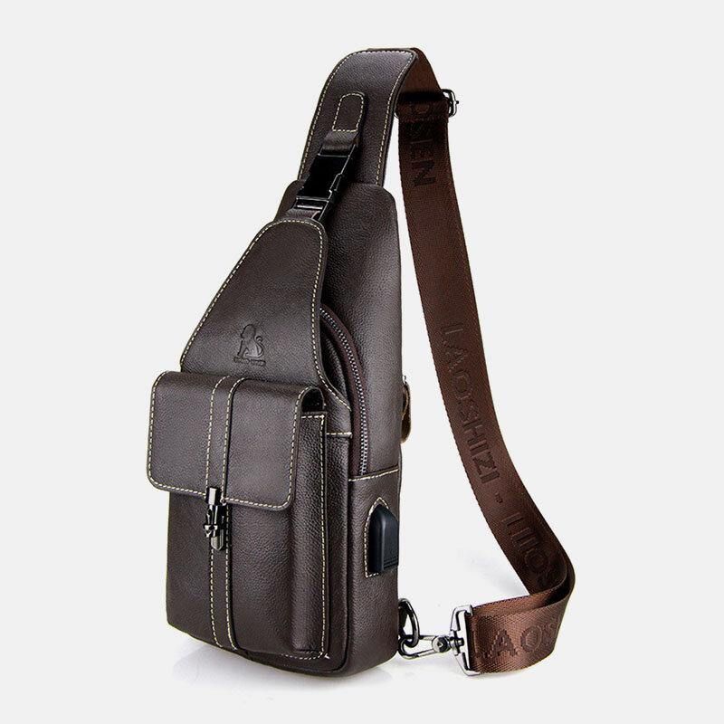 Mænd Ægte Læder Usb-Opladning Retro Casual Koskind Brysttaske Sling Bag Crossbody-Taske