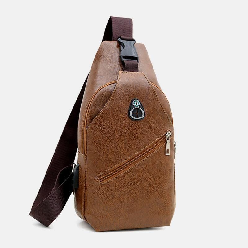 Mænd Imiteret Læder Usb-Opladningsøretelefon Rejse Retro Business Brysttaske Crossbody-Taske