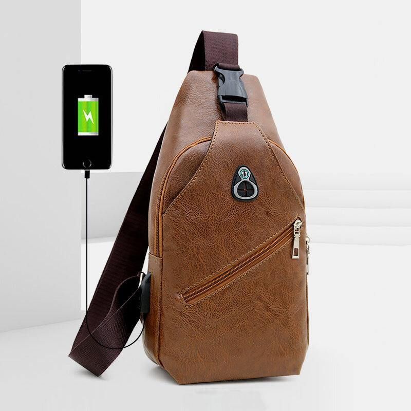 Mænd Imiteret Læder Usb-Opladningsøretelefon Rejse Retro Business Brysttaske Crossbody-Taske