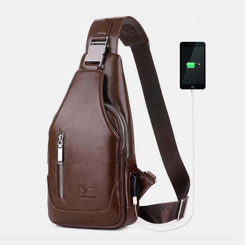 Mænd Pu-Læder Business Casual Udendørs Vandtæt Multi-Bære Skuldertaske Crossbody Taske Brysttaske Med Usb-Opladning