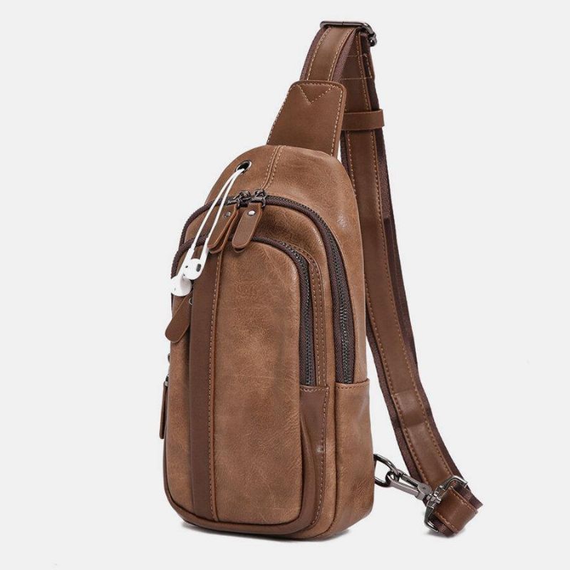 Mænd Pu Læder Multi-Pocket Øretelefon Hole Crossbody Bag Brysttaske Sling Bag