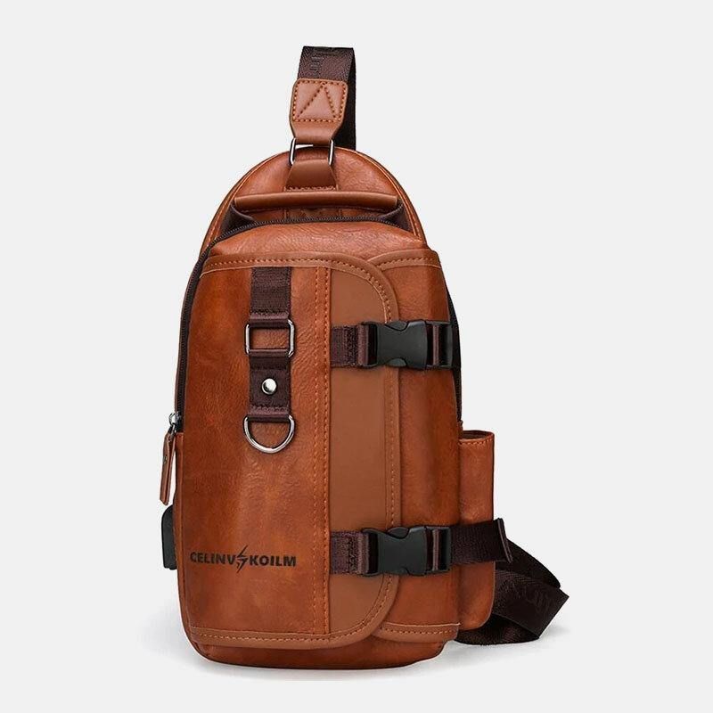 Mænd Pu Læder Stor Kapacitet Multifunktions Headset Hul Usb Opladning Short Trip Sling Tasker Crossbody Taske Brysttaske