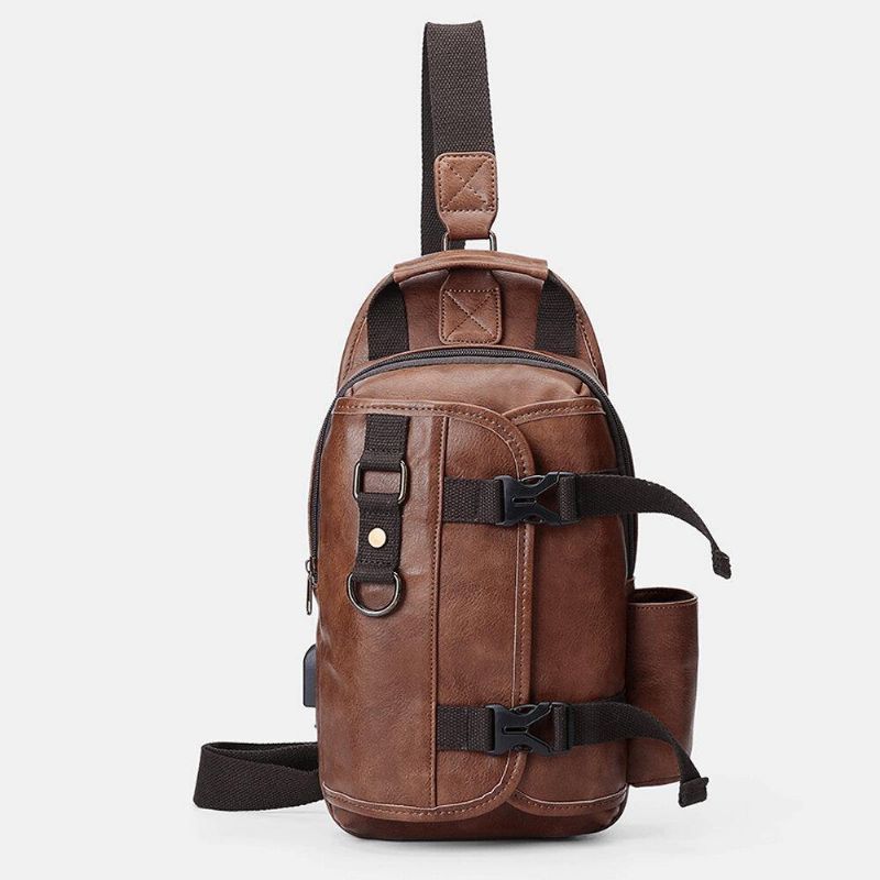 Mænd Pu Læder Stor Kapacitet Multifunktions Headset Hul Usb Opladning Short Trip Sling Tasker Crossbody Taske Brysttaske