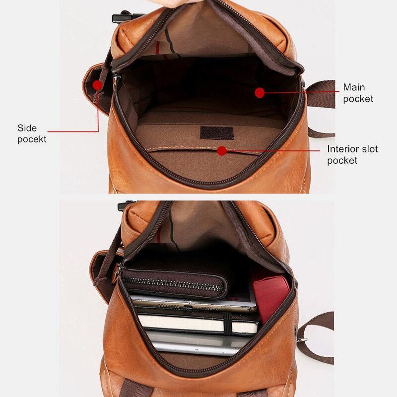 Mænd Pu Læder Stor Kapacitet Multifunktions Headset Hul Usb Opladning Short Trip Sling Tasker Crossbody Taske Brysttaske