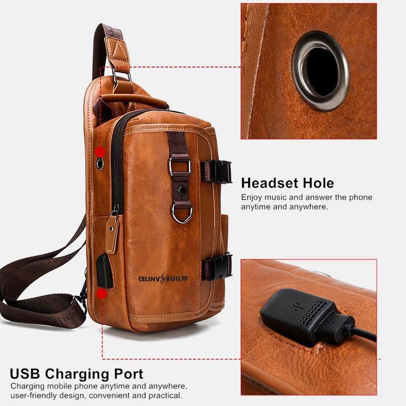 Mænd Pu Læder Stor Kapacitet Multifunktions Headset Hul Usb Opladning Short Trip Sling Tasker Crossbody Taske Brysttaske