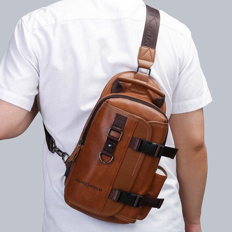 Mænd Pu Læder Stor Kapacitet Multifunktions Headset Hul Usb Opladning Short Trip Sling Tasker Crossbody Taske Brysttaske