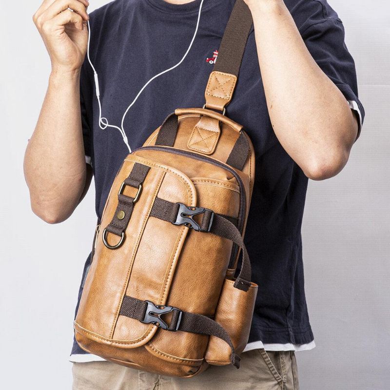 Mænd Pu Læder Stor Kapacitet Multifunktions Headset Hul Usb Opladning Short Trip Sling Tasker Crossbody Taske Brysttaske