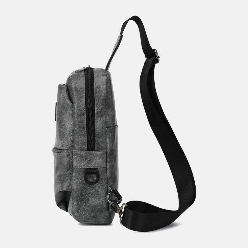 Mænd Pu Læder Vandtæt Multi-Pocket Hovedtelefon Hul Casual Brysttasker Skuldertaske Crossbody Tasker