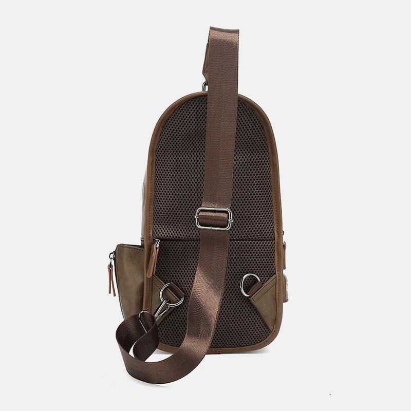 Mænd Pu-Læder Vintage Multifunktions Øretelefon Hul Usb-Opladning Crossbody-Taske Brysttaske Sling Bag