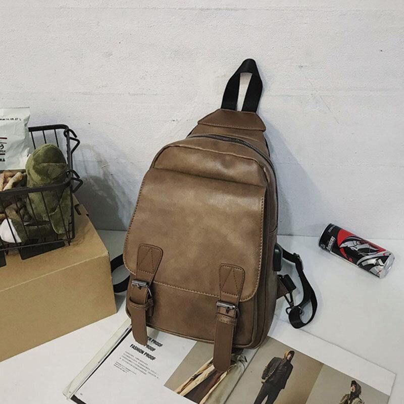 Mænd Retro Øretelefon Hul Multi-Bære Usb Opladning Multi-Layers Vandtæt Crossbody Taske Bryst Bag Sling Bag