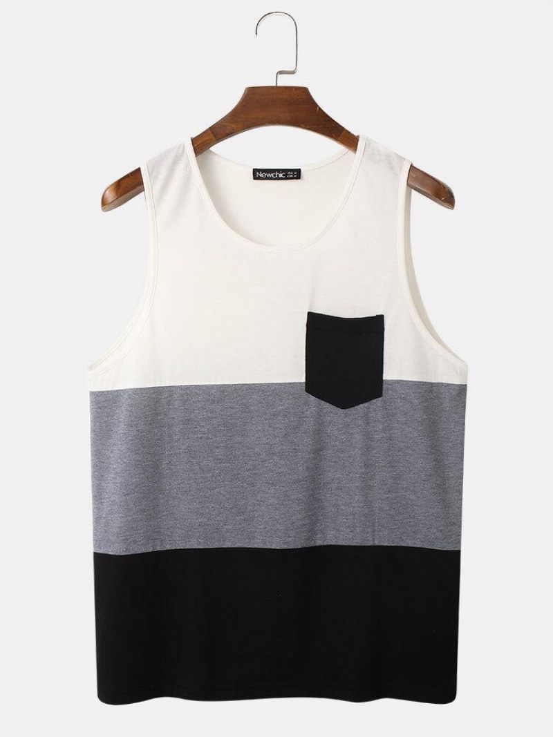 Mænds Ærmeløs Patchwork Brystlomme Preppy Tanktop