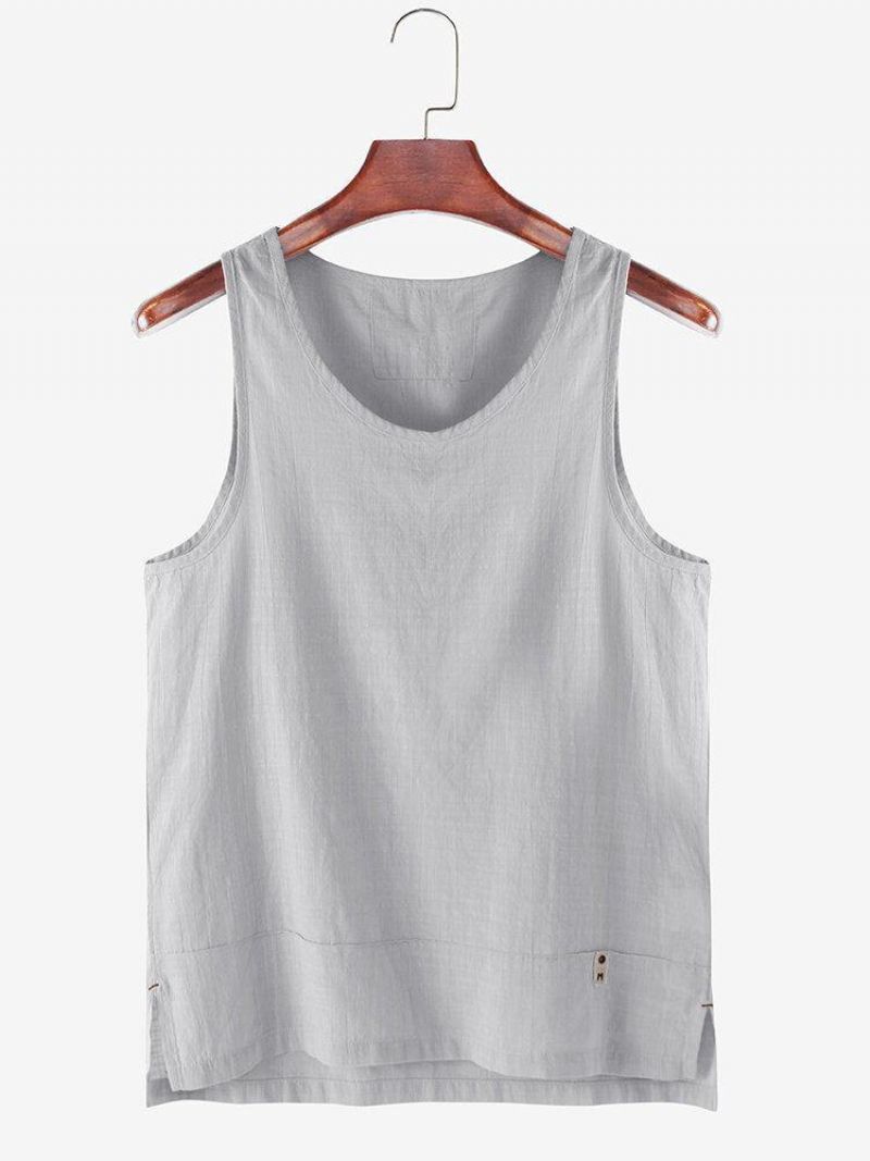 Mænds Ensfarvede Bomuldslinned Høj Lav Splitsøm Casual Tanktops