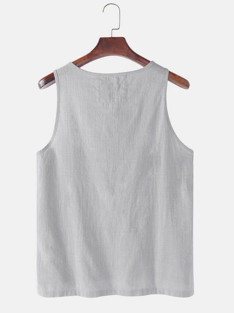 Mænds Ensfarvede Bomuldslinned Høj Lav Splitsøm Casual Tanktops