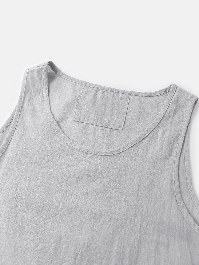 Mænds Ensfarvede Bomuldslinned Høj Lav Splitsøm Casual Tanktops