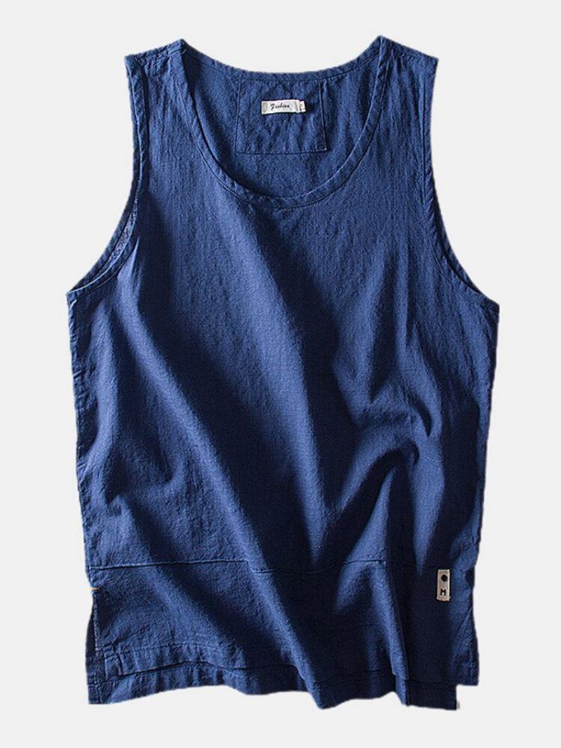 Mænds Ensfarvede Bomuldslinned Høj Lav Splitsøm Casual Tanktops