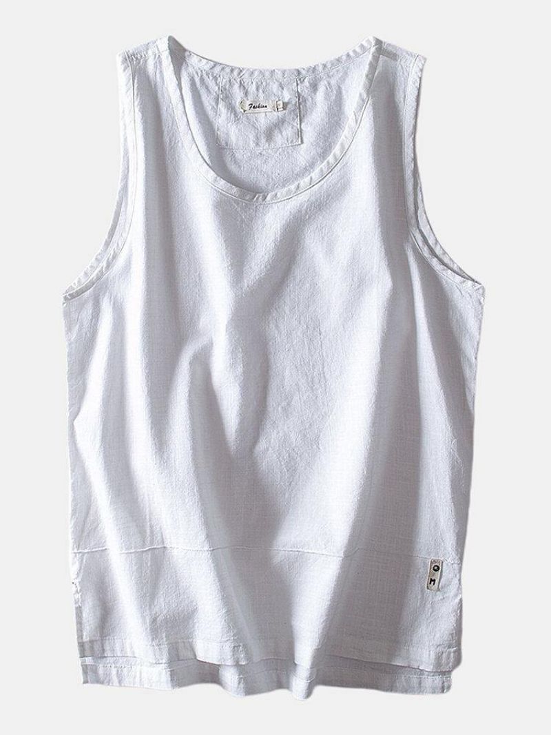 Mænds Ensfarvede Bomuldslinned Høj Lav Splitsøm Casual Tanktops