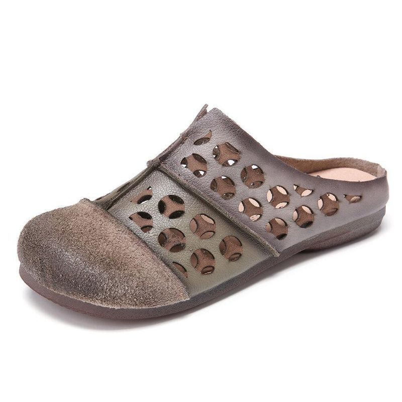 Distressed Læder Burnished Cutout Splejsning Flade Mules Træsko Slip-On Sandaler