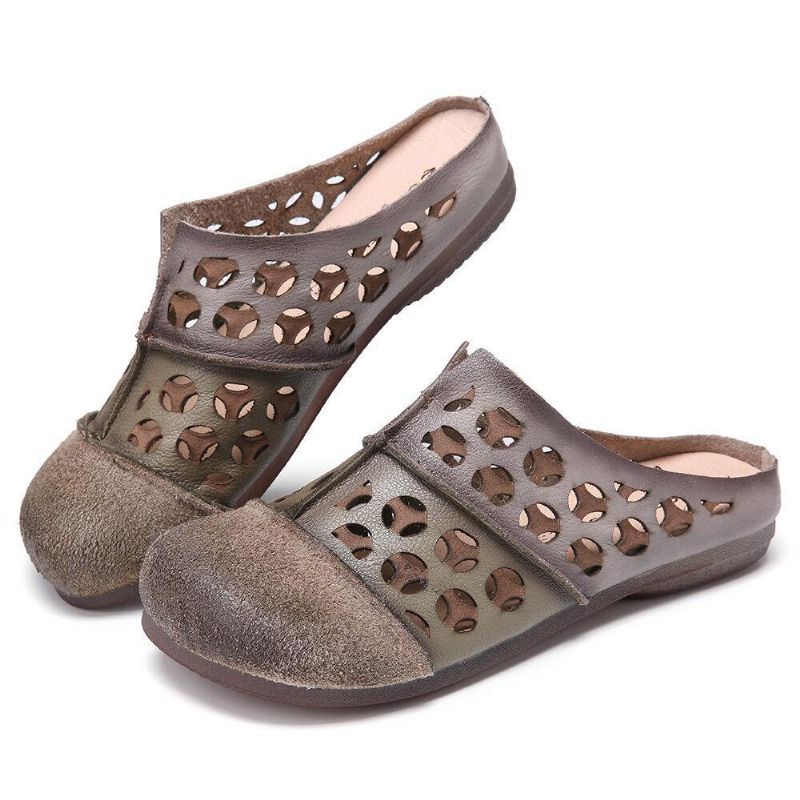 Distressed Læder Burnished Cutout Splejsning Flade Mules Træsko Slip-On Sandaler