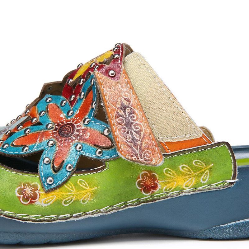 Håndlavet Læder Besat Floral Slip-On Flat Slides Mules Træsko Sandaler