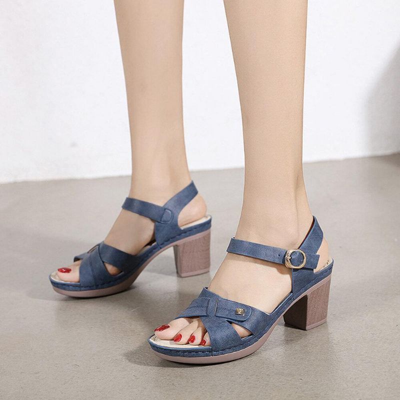 Kvinder Casual Ensfarvet Stitching Hasp Chunky Heel Stripe Sandaler