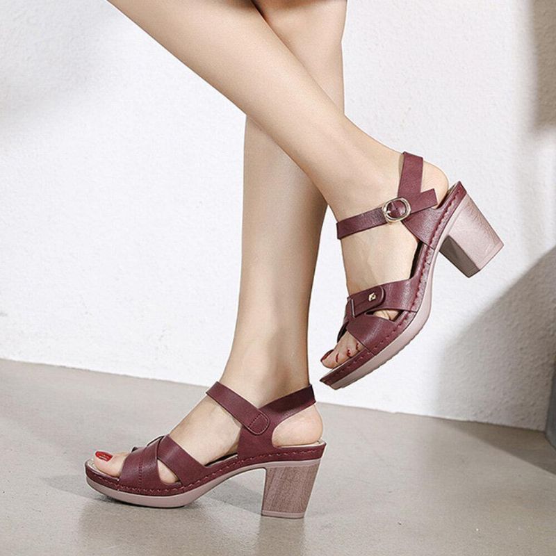 Kvinder Casual Ensfarvet Stitching Hasp Chunky Heel Stripe Sandaler