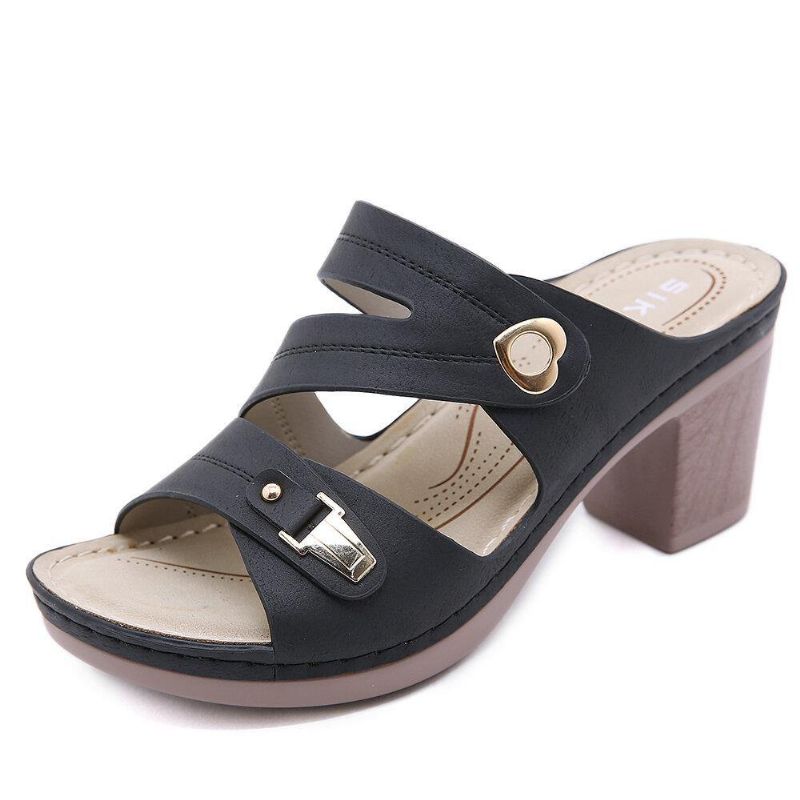 Kvinder Comfy Metal Spænde Peep Toe Rygløse Chunky Heel Sandaler