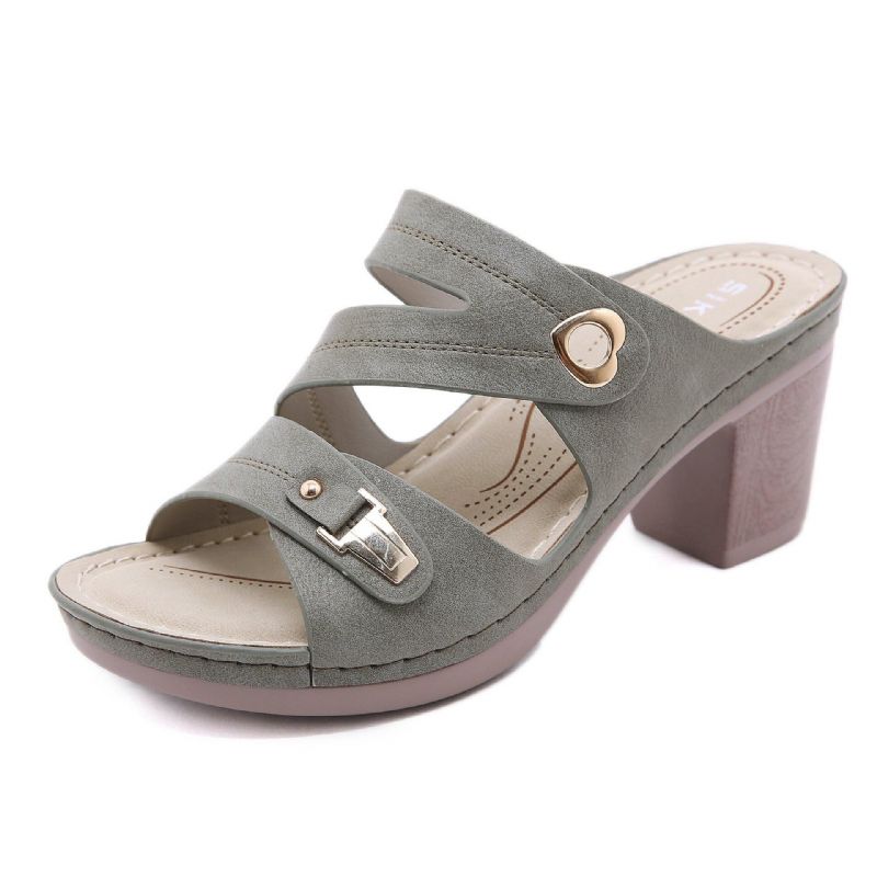 Kvinder Comfy Metal Spænde Peep Toe Rygløse Chunky Heel Sandaler