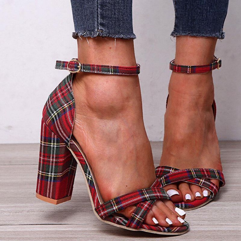 Kvinder Plaid Cross Strap Gitter Decor Spænde Højhælede Sandaler