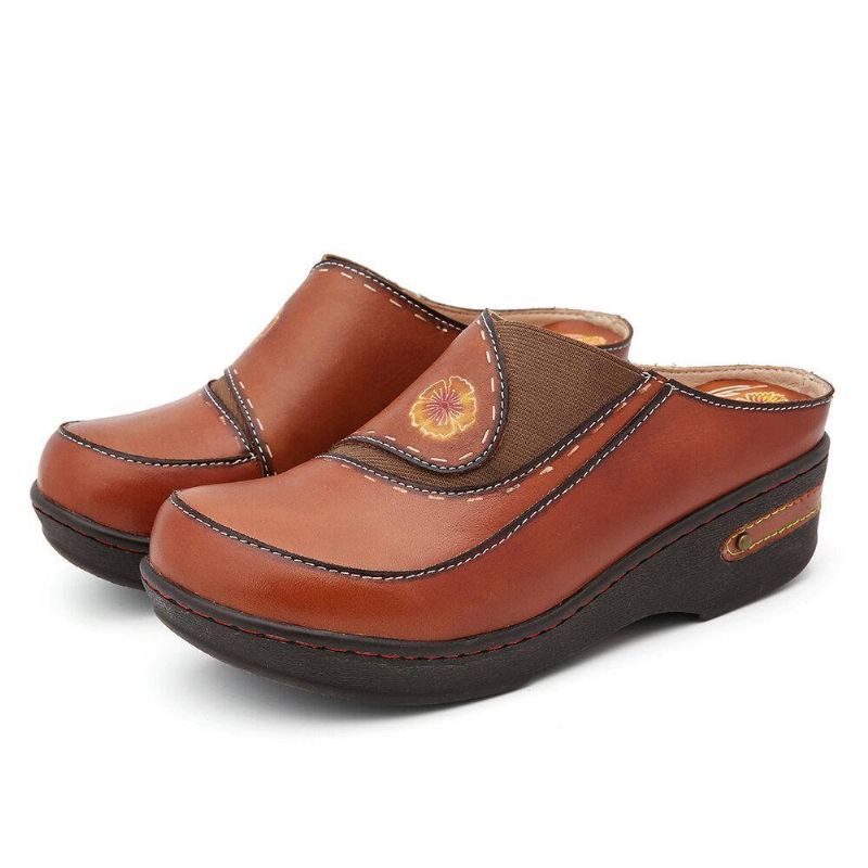 Læder Flower Elastisk Splejsning Slip-On Mules Træsko Skridsikre Sandaler